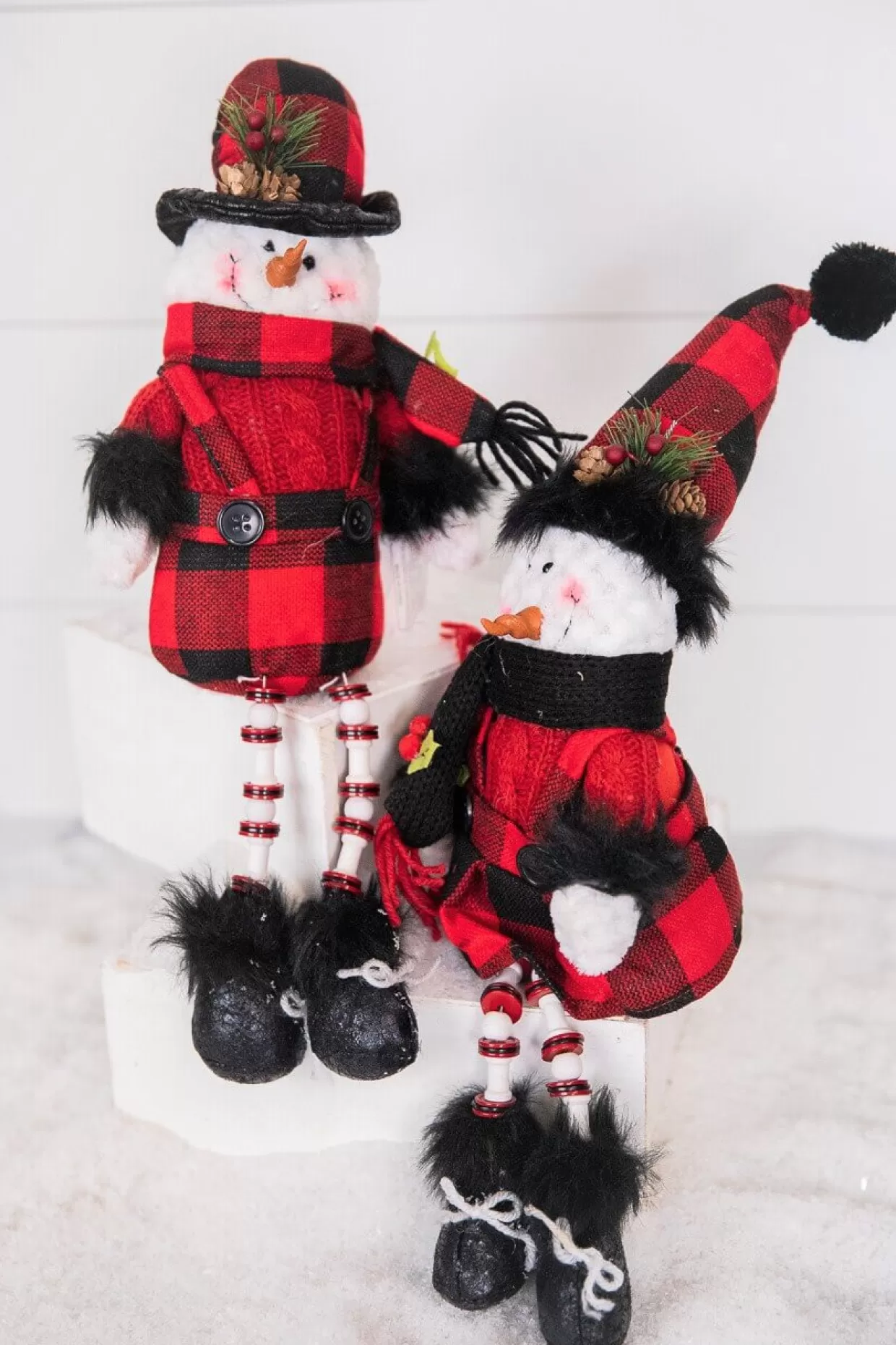 Decorator's Warehouse 15” Buffalo Check Plush Snowman Shelf Sitter With Dangle Legs