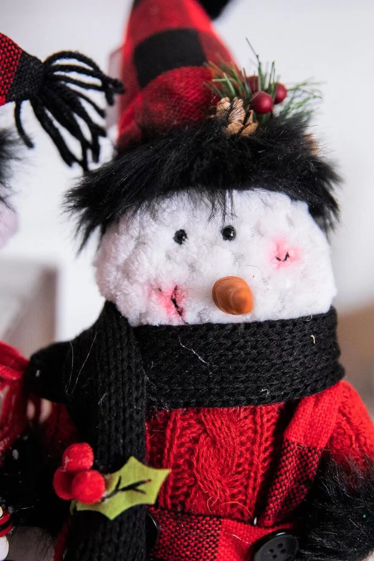 Decorator's Warehouse 15” Buffalo Check Plush Snowman Shelf Sitter With Dangle Legs