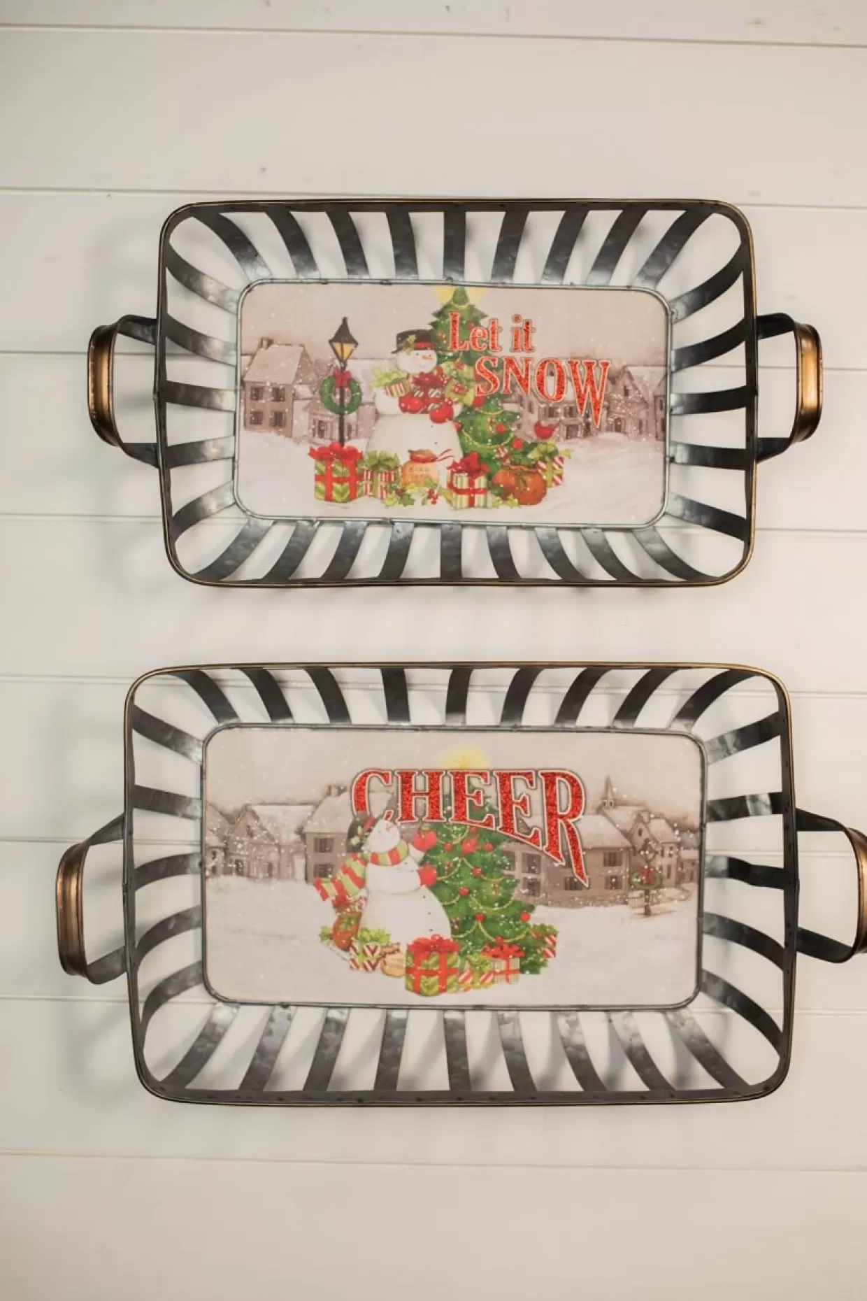 Decorator's Warehouse 21” Galvanized Metal Holiday Snowman Baskets With Glitter Accent - Set Of 2