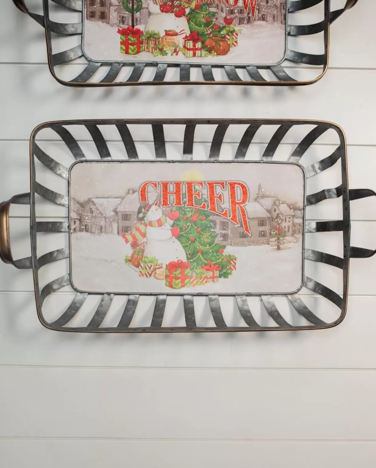 Decorator's Warehouse 21” Galvanized Metal Holiday Snowman Baskets With Glitter Accent - Set Of 2