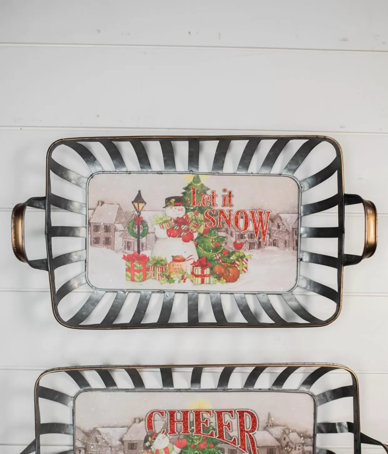 Decorator's Warehouse 21” Galvanized Metal Holiday Snowman Baskets With Glitter Accent - Set Of 2