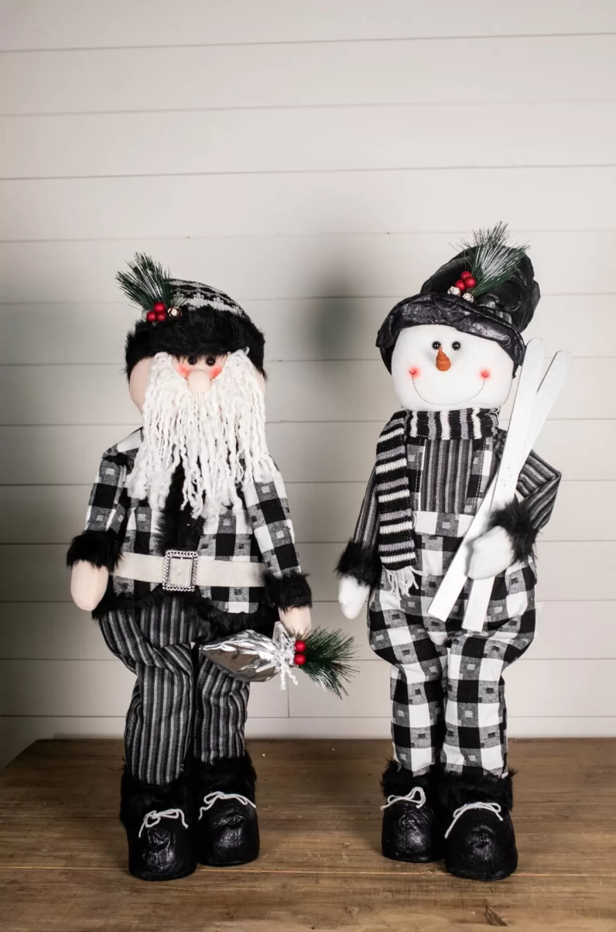 Decorator's Warehouse 32” Black And White Buffalo Check Santa And Snowman Plush Figurine
