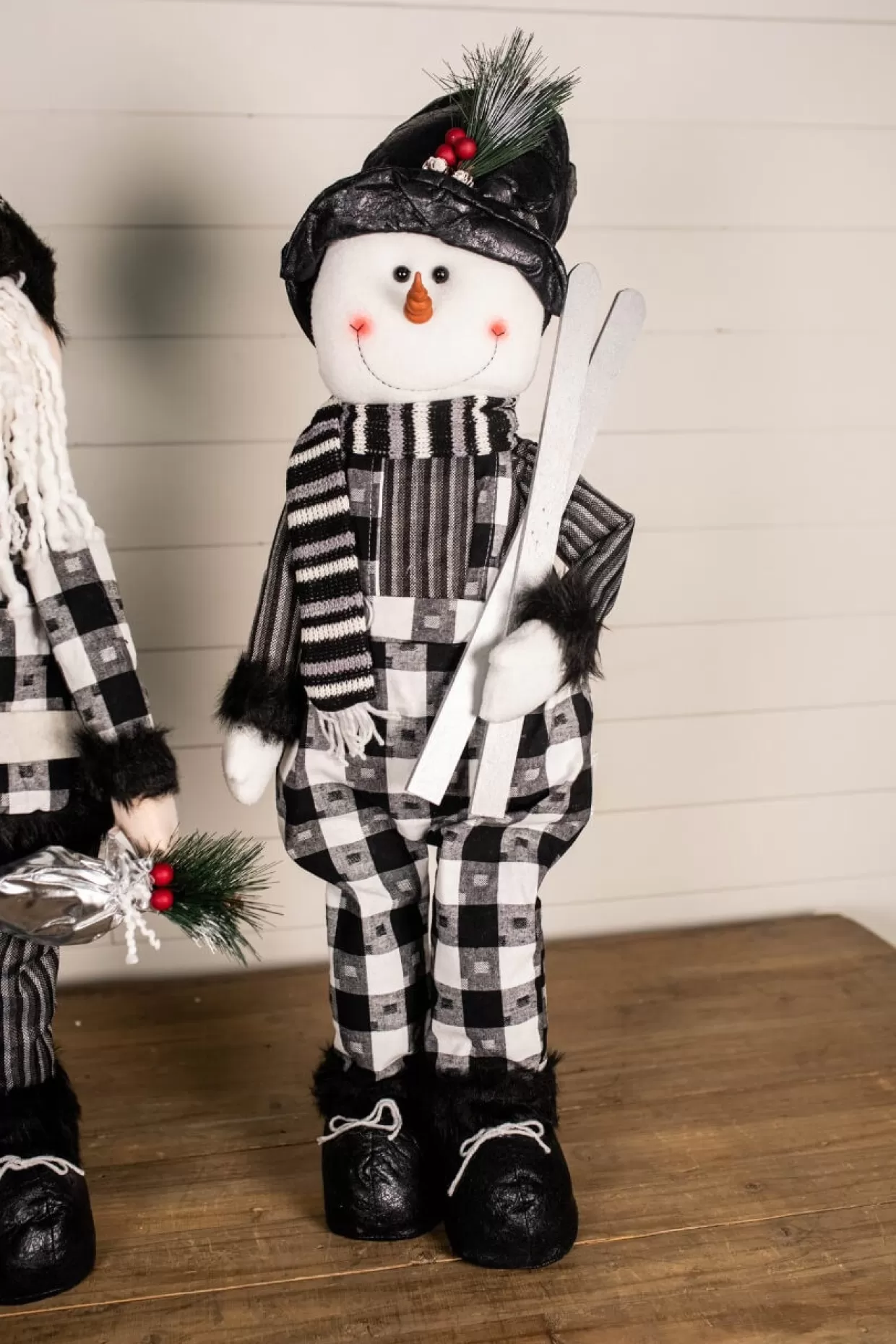 Decorator's Warehouse 32” Black And White Buffalo Check Santa And Snowman Plush Figurine