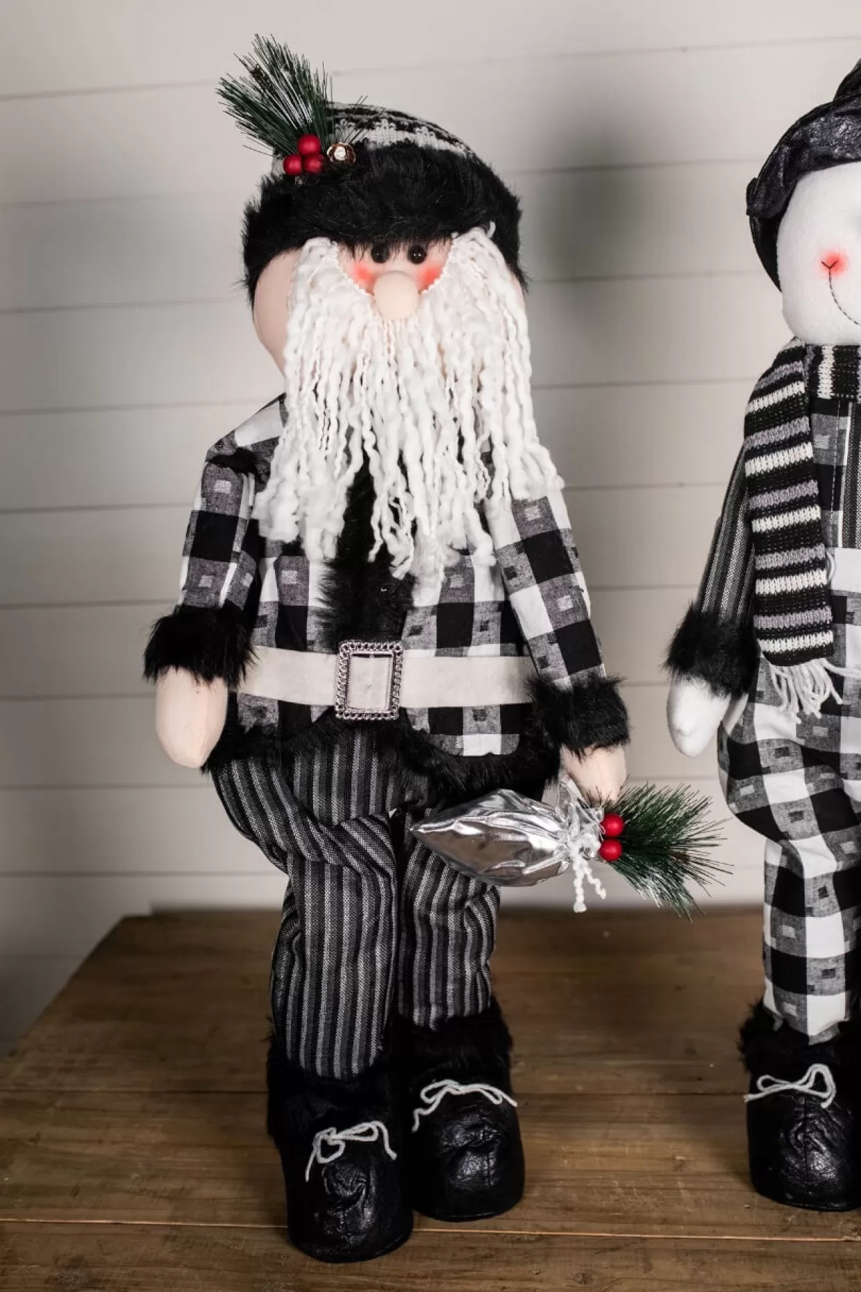 Decorator's Warehouse 32” Black And White Buffalo Check Santa And Snowman Plush Figurine