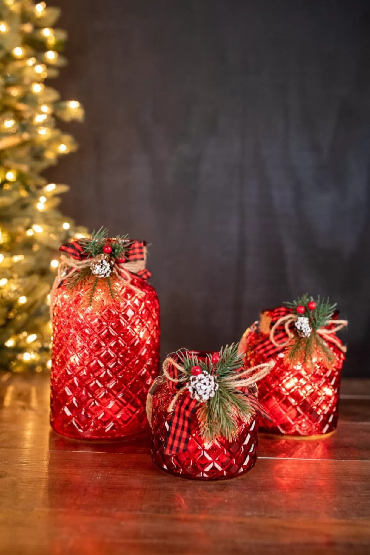 Decorator's Warehouse Lighted Holiday Glass Luminary W/ Floral Accent And Timer (battery Operated) - Set Of 3